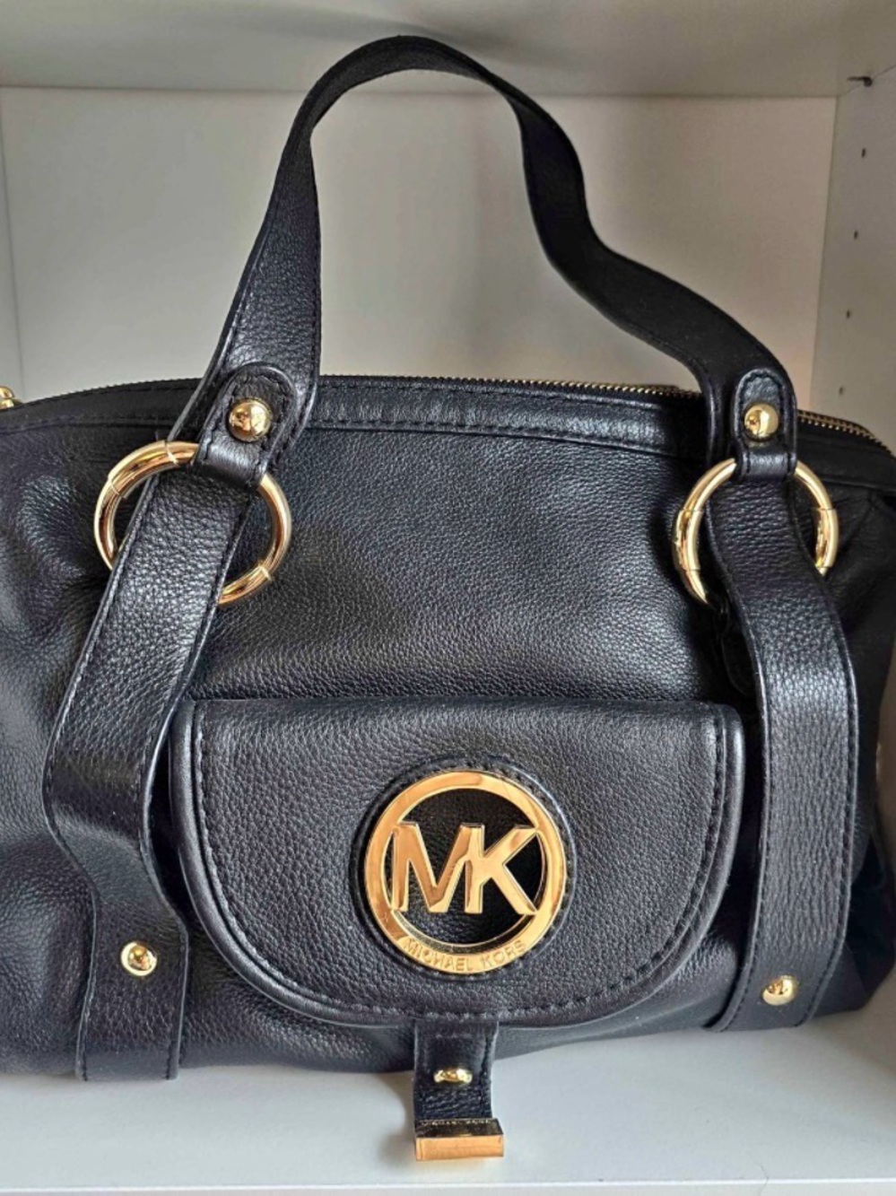 Michael Kors Black Leather Shoulder Bag with Gold Accents